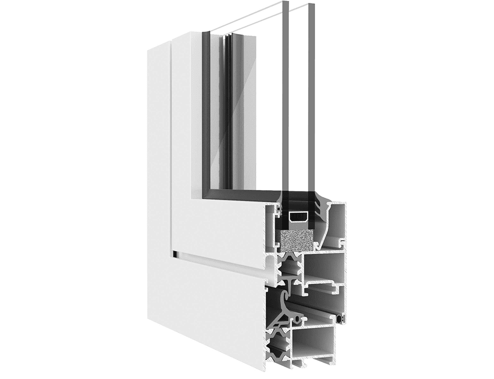 Sección técnica de perfil de carpintería de aluminio con doble acristalamiento para puertas o ventanas